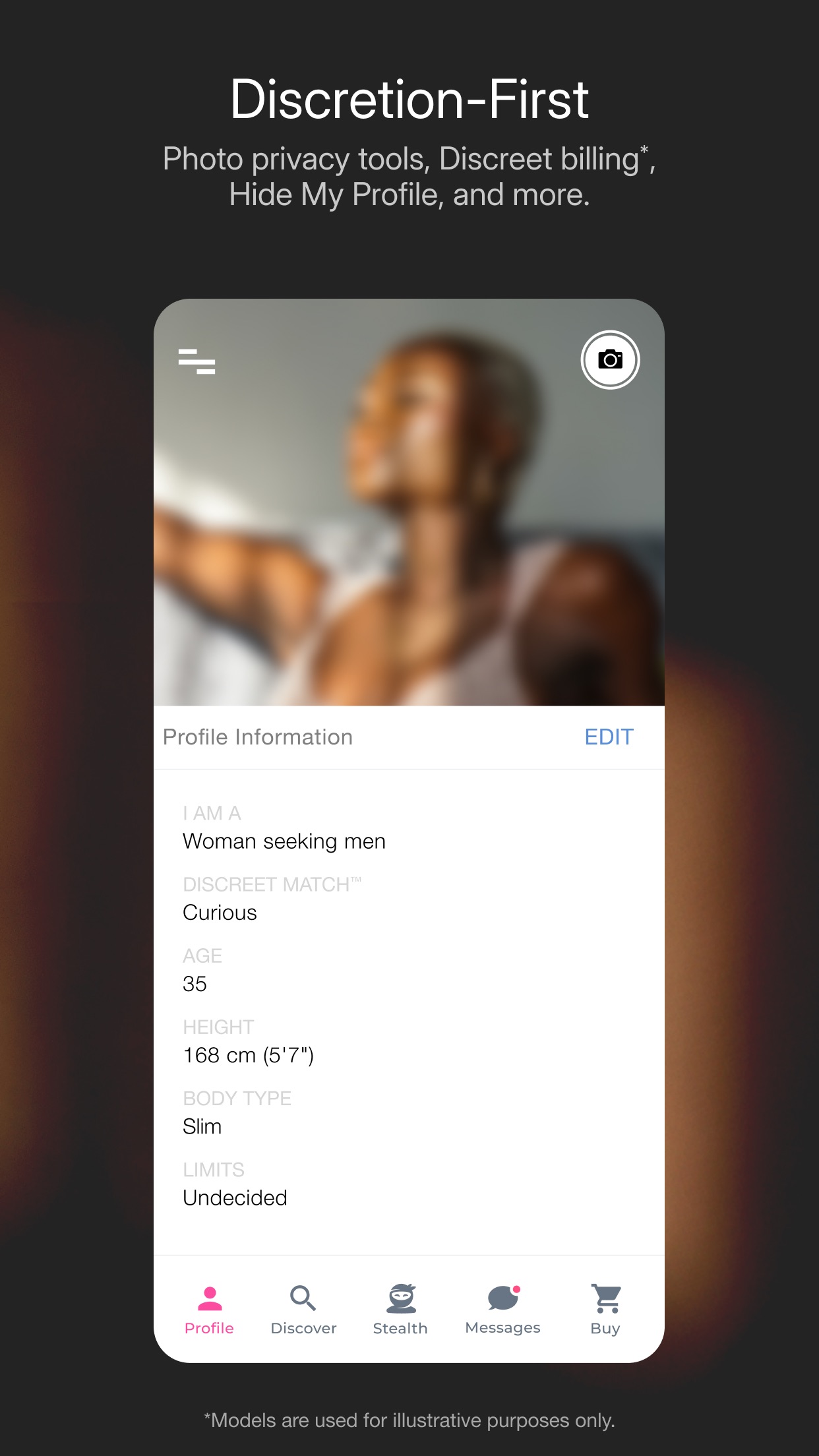 Profile with a blurred photo and discretion-first privacy tools