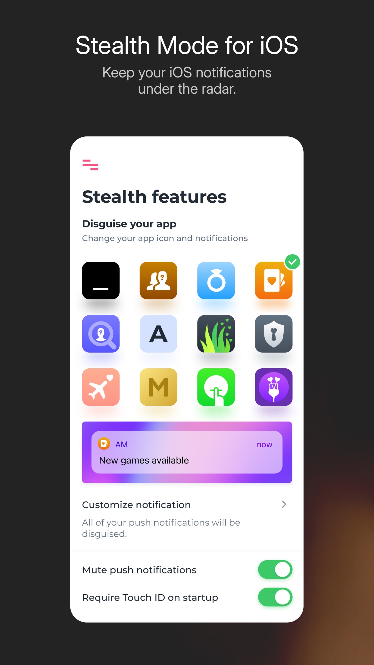 Stealth Mode screen for disguising the iOS app icon and notifications