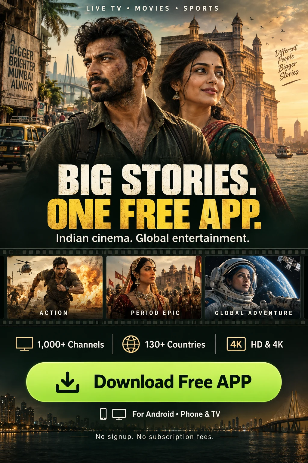 Indian cinema campaign: Big stories. One free app. Live TV, movies and sports. Download Free APP for Android phone and TV.